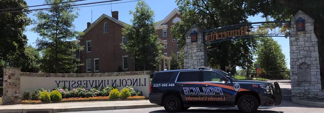 Lincoln University Police vehicle in front of main entrance